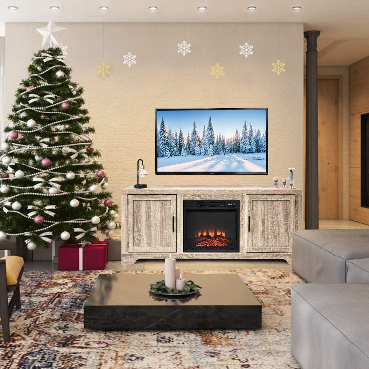Fireplace Stand Media Storage Cabinet Console with Electric Fireplace with Remote Control J441556