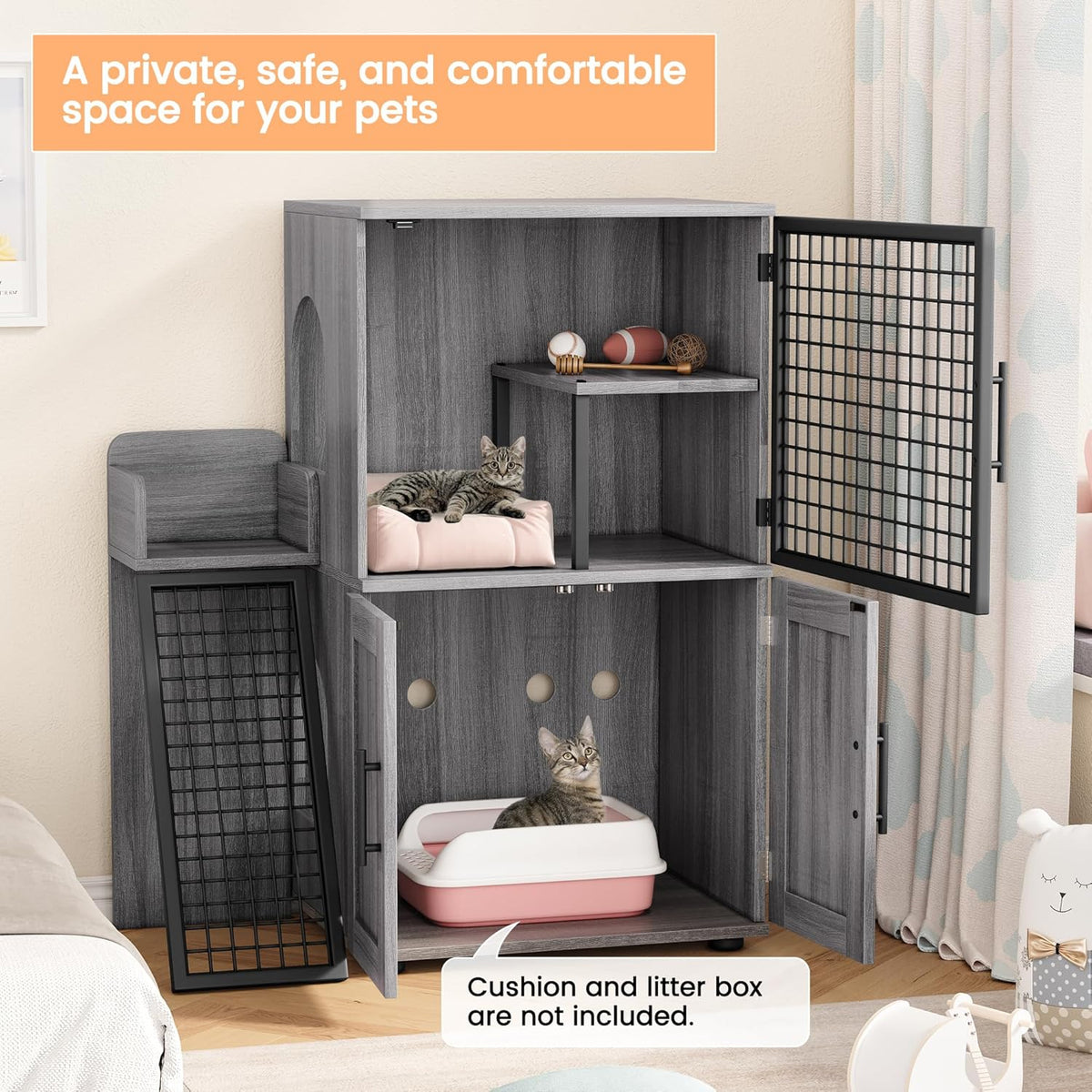Cat Litter Box Enclosure with Platform, Double Layer Cat Litter Hidden Furniture, Large Cat Cabinet with Ladder, Wax Wood R239548