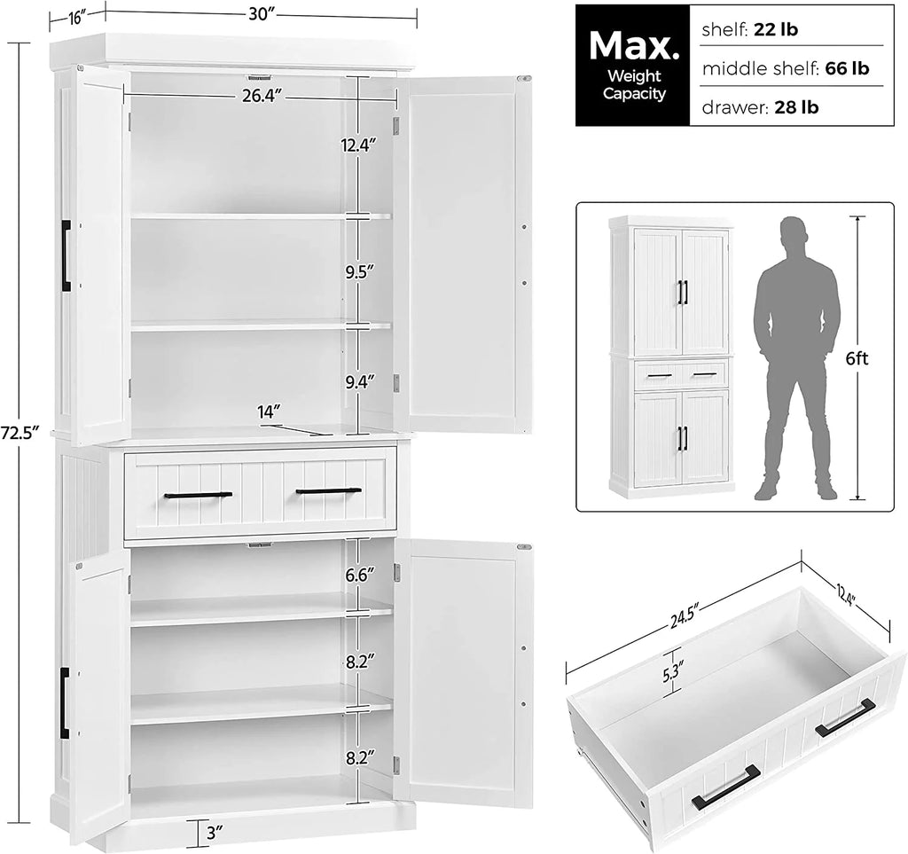 White Freestanding Kitchen Pantry Storage Cabinet with Drawer and 2 Adjustable Shelves X36222