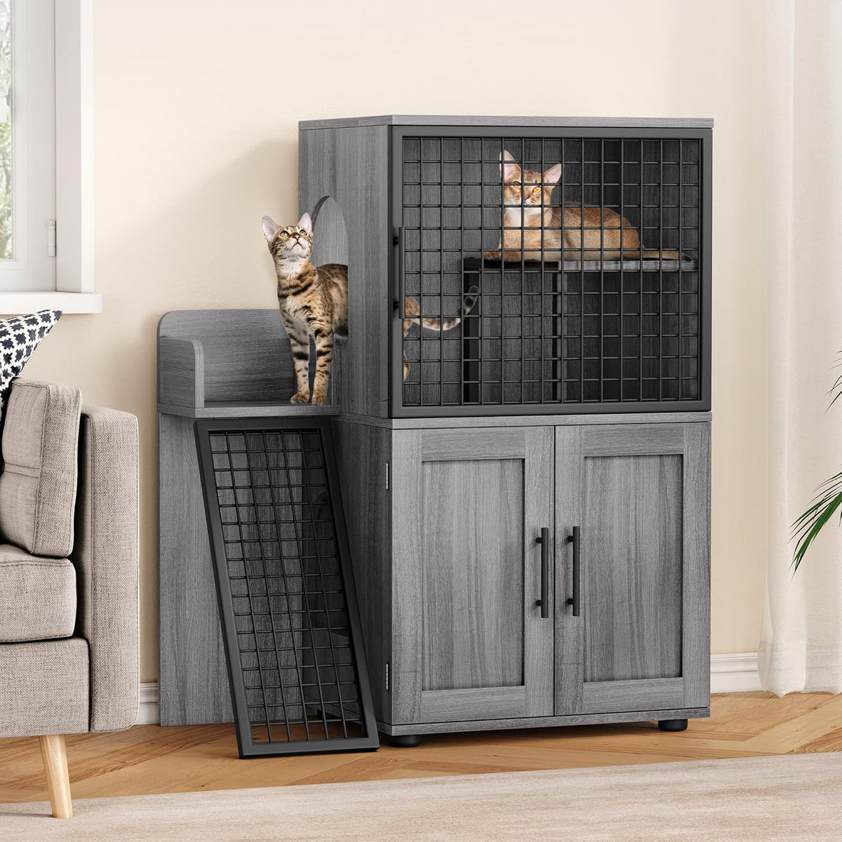 Cat Litter Box Enclosure with Platform, Double Layer Cat Litter Hidden Furniture, Large Cat Cabinet with Ladder, Wax Wood R239548