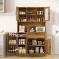 Brown Freestanding Kitchen Pantry Storage Cabinet with Microwave Stand, 4 Door Shelves, Adjustable Shelves and Wine Rack R524316