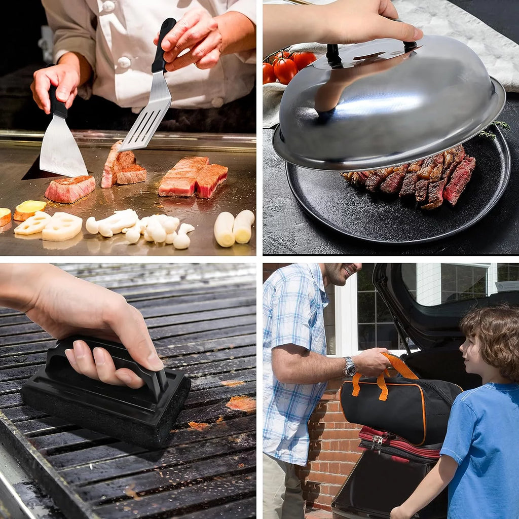 137 Flat Top Grill Accessories Kit with Spatula, Basting Cover, Scraper, Bottle, Tongs, Egg Rings & Carry Bag I63591