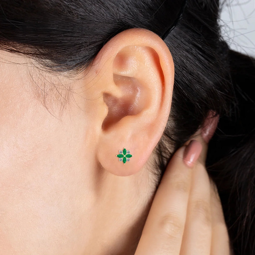 Emerald and Diamond Flower Earrings in 10K Yellow Gold U80719