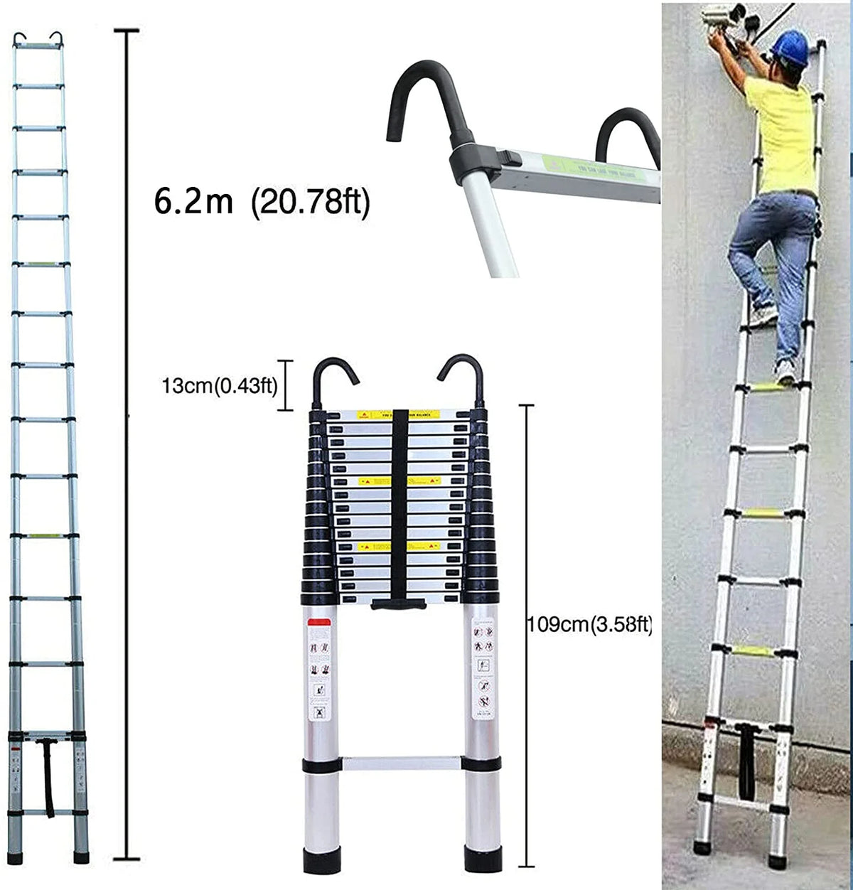 20.34 FT Aluminum Telescoping Multi-Position Ladder with Detachable Hook M539829