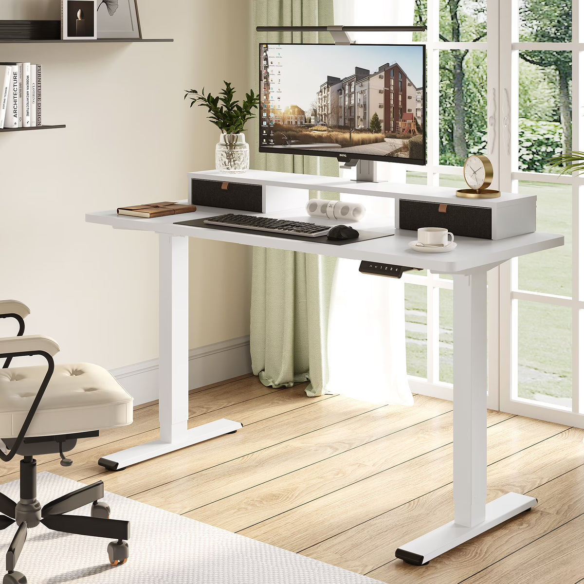 55"x24" Height Adjustable Standing Desk with 2 Drawers White Frame and White Top I2315