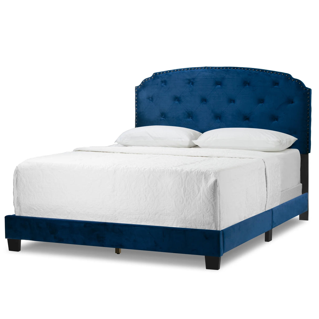Queen Bed with Button Tufting and Nail Head Trim in Blue X542665