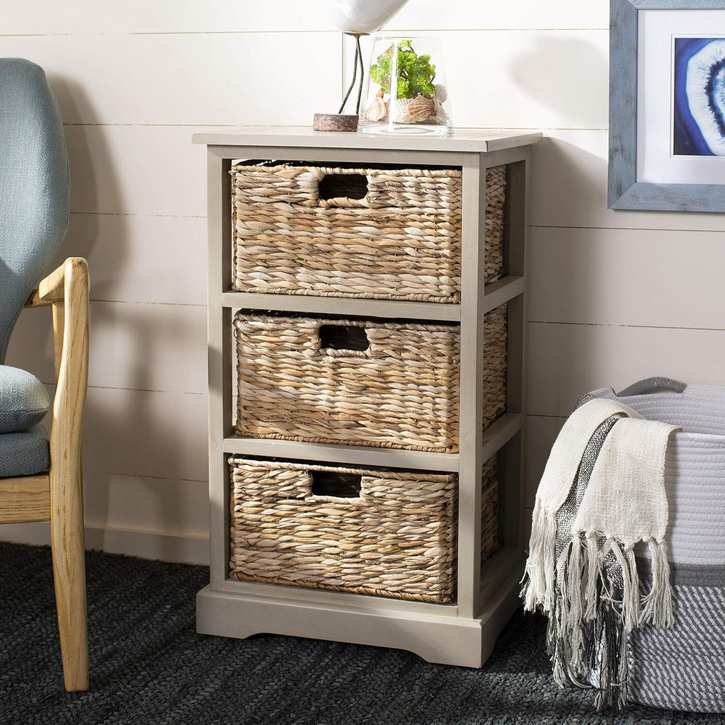 Distressed Black 3 Wicker Basket Storage Side Table N396