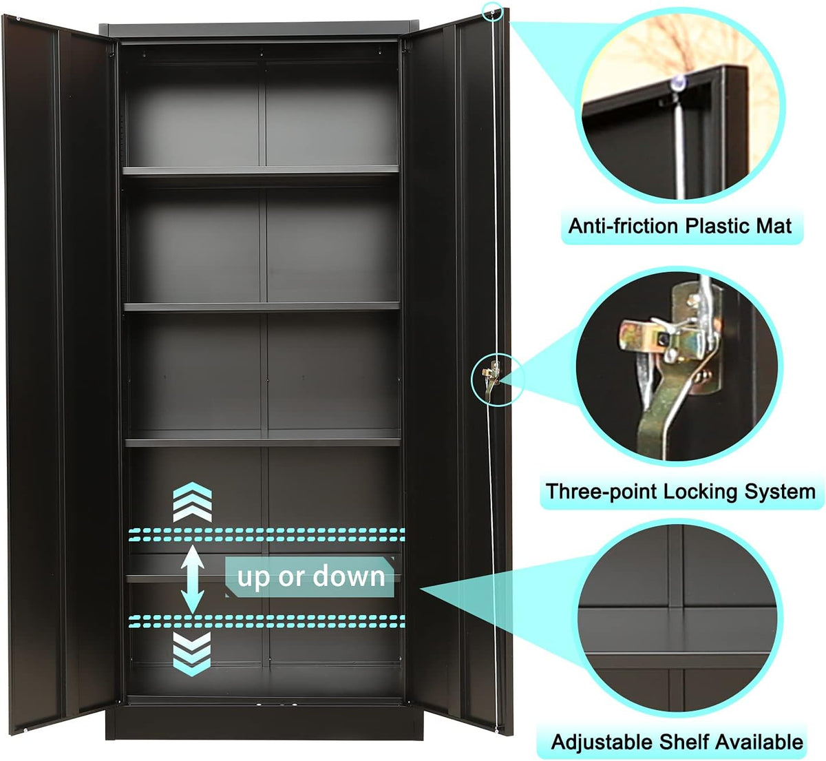 Lockable Black Steel Storage Cabinet with 2 Doors and 4 Shelves B4638