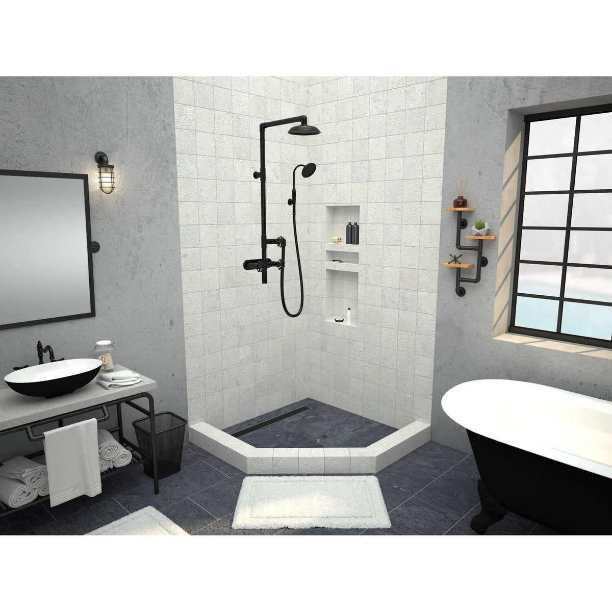 36x22 Neo-Angle Triple Threshold Shower Base with Drain Grate X758315