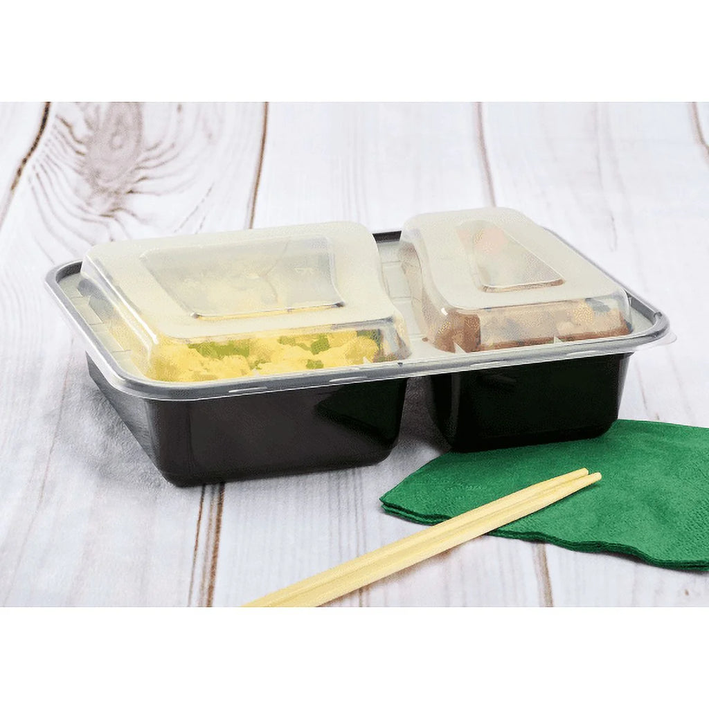 38 oz. Black Rectangular 2-Compartment Food Containers with Clear Lids E681