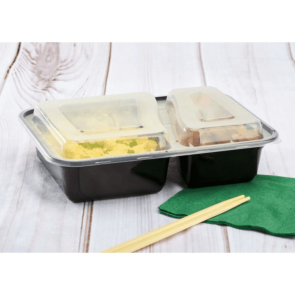 38 oz. Black Rectangular 2-Compartment Food Containers with Clear Lids E681