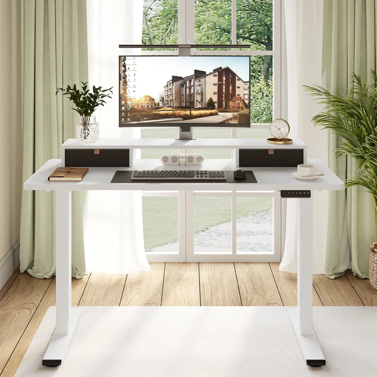 55"x24" Height Adjustable Standing Desk with 2 Drawers White Frame and White Top I2315