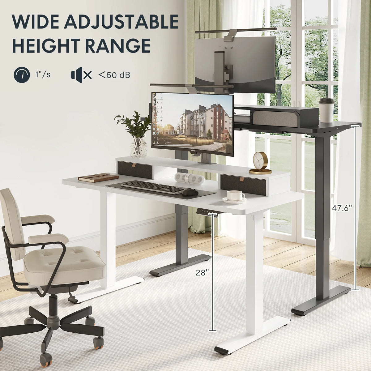 55"x24" Height Adjustable Standing Desk with 2 Drawers White Frame and White Top I2315