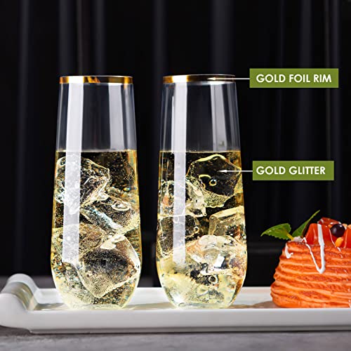 48 Pack 9 Oz Plastic Stemless Champagne Flutes with Gold Rim J548