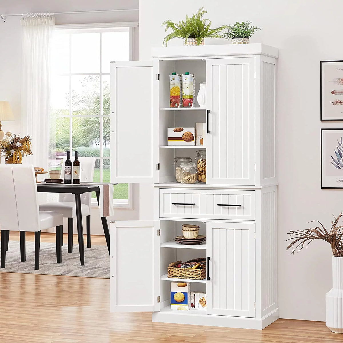 White Freestanding Kitchen Pantry Storage Cabinet with Drawer and 2 Adjustable Shelves X36222