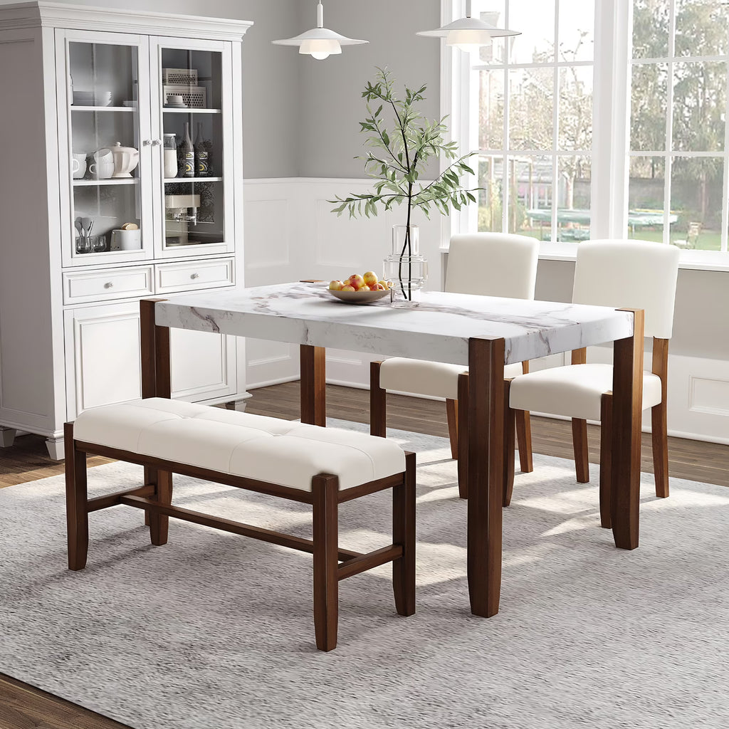 4-Piece Faux Marble Dining Furniture Set with 2 Upholstered Chairs & Bench D727089