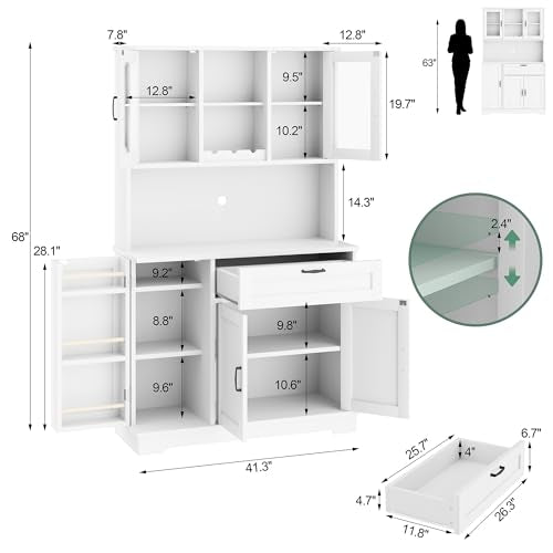 Brown Freestanding Kitchen Pantry Storage Cabinet with Microwave Stand, 4 Door Shelves, Adjustable Shelves and Wine Rack R524316