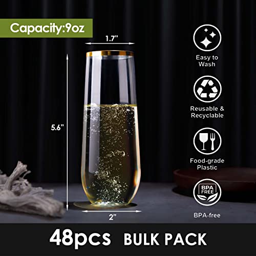48 Pack 9 Oz Plastic Stemless Champagne Flutes with Gold Rim J548