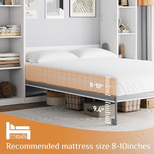 White Queen Murphy Bed Cabinet with 5-Tier Adjustable Storage Shelves E138