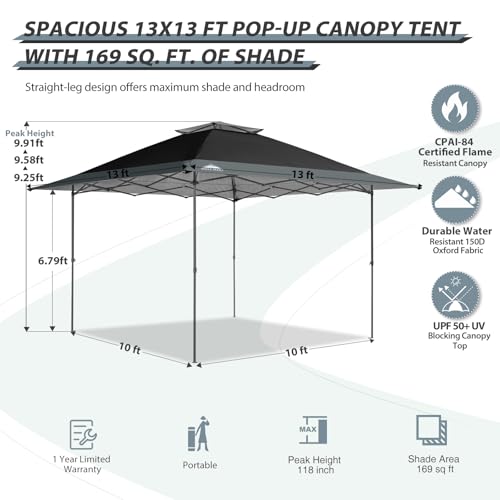 13x13 Pop Up Canopy Tent with Auto Extending Eaves Gray D744
