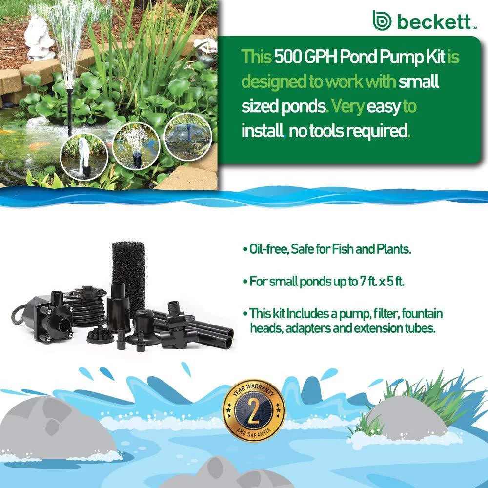 500 GPH 38 Watt Submersible Pond Pump with Filter Kit G395