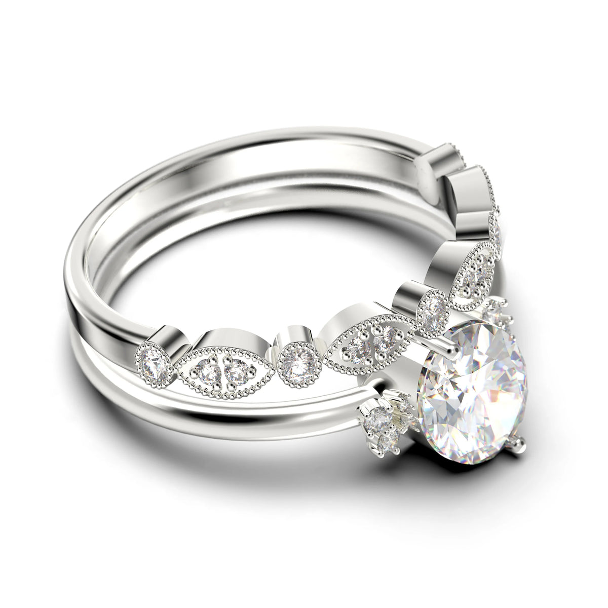 10K Solid White Gold Oval Cut Diamond Engagement Ring with Matching Band F770