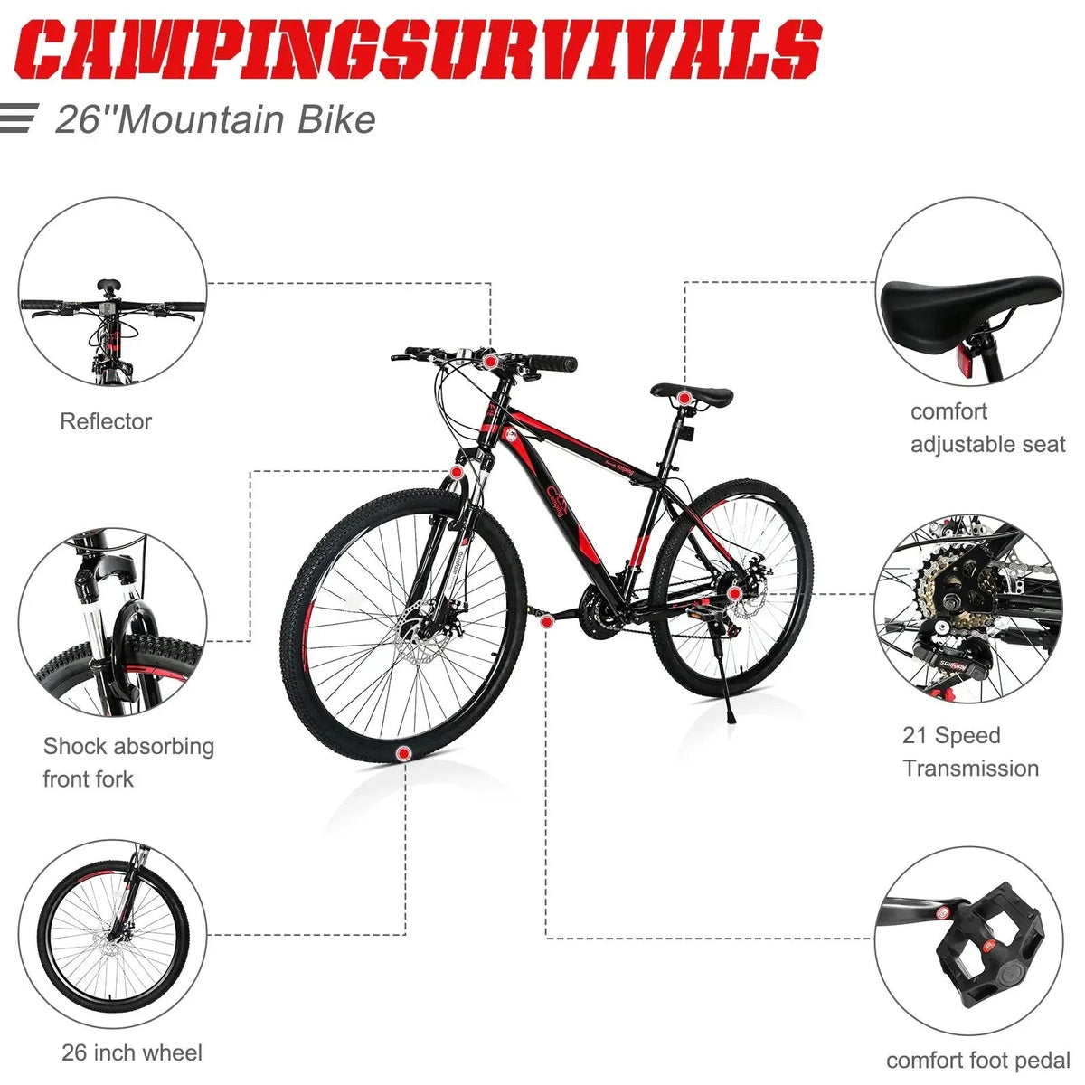 26 Inch 21 Speed Red Black Mountain Bike C144215