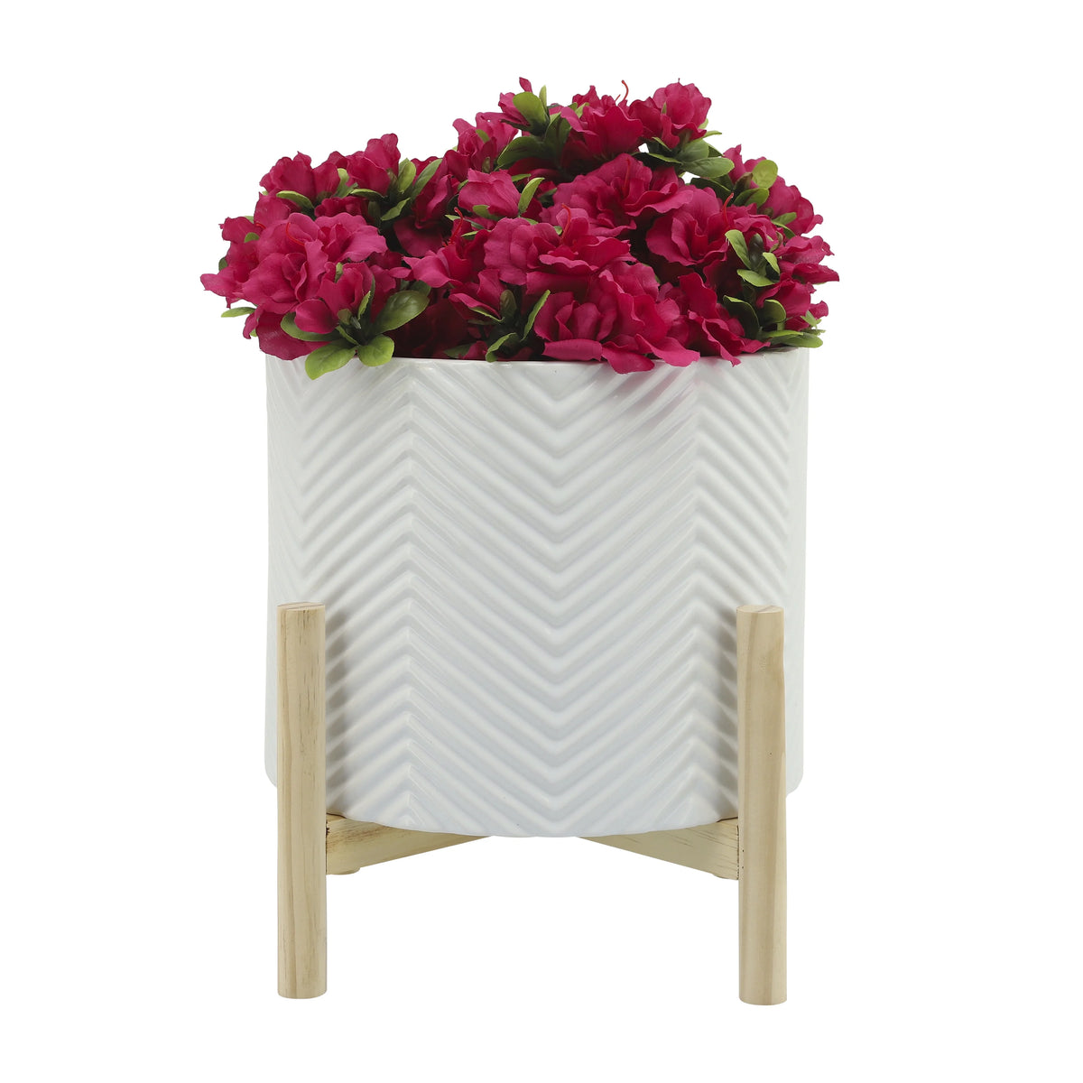 12" Ceramic Chevron Planter with Wood Stand L35383