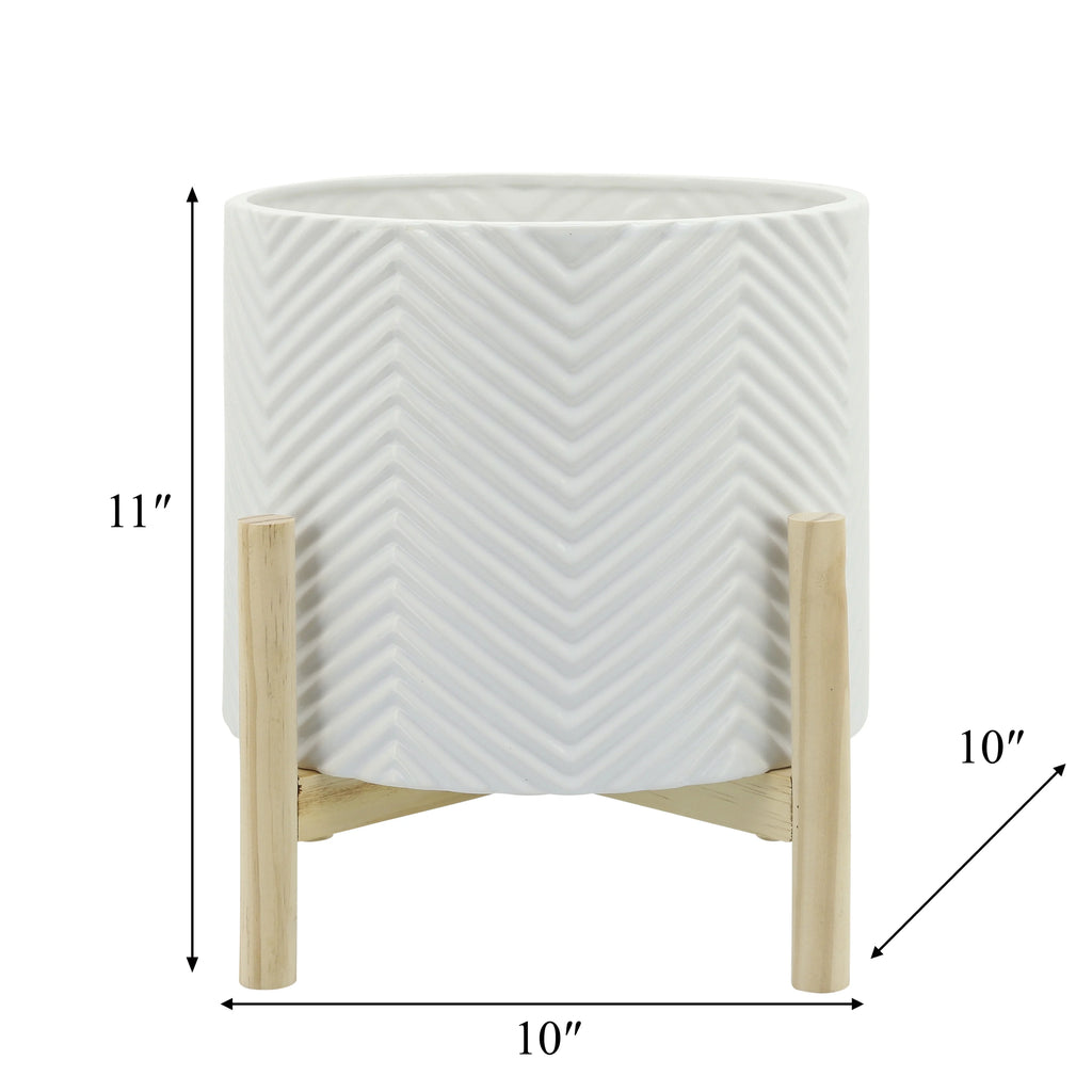 12" Ceramic Chevron Planter with Wood Stand L35383