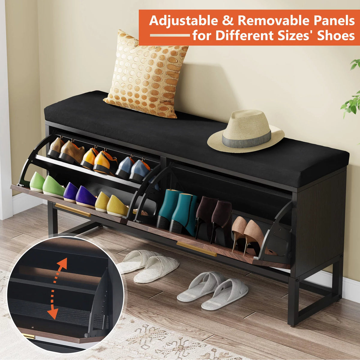 Shoe Storage Bench with Cushion & 2 Flip Drawers Z373259