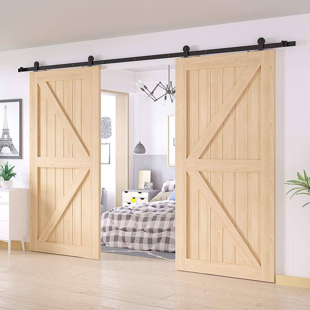 Frosted Black Top Mount Sliding Barn Door Hardware Track Kit for Double Doors with Non-Routed Floor Guide L97648