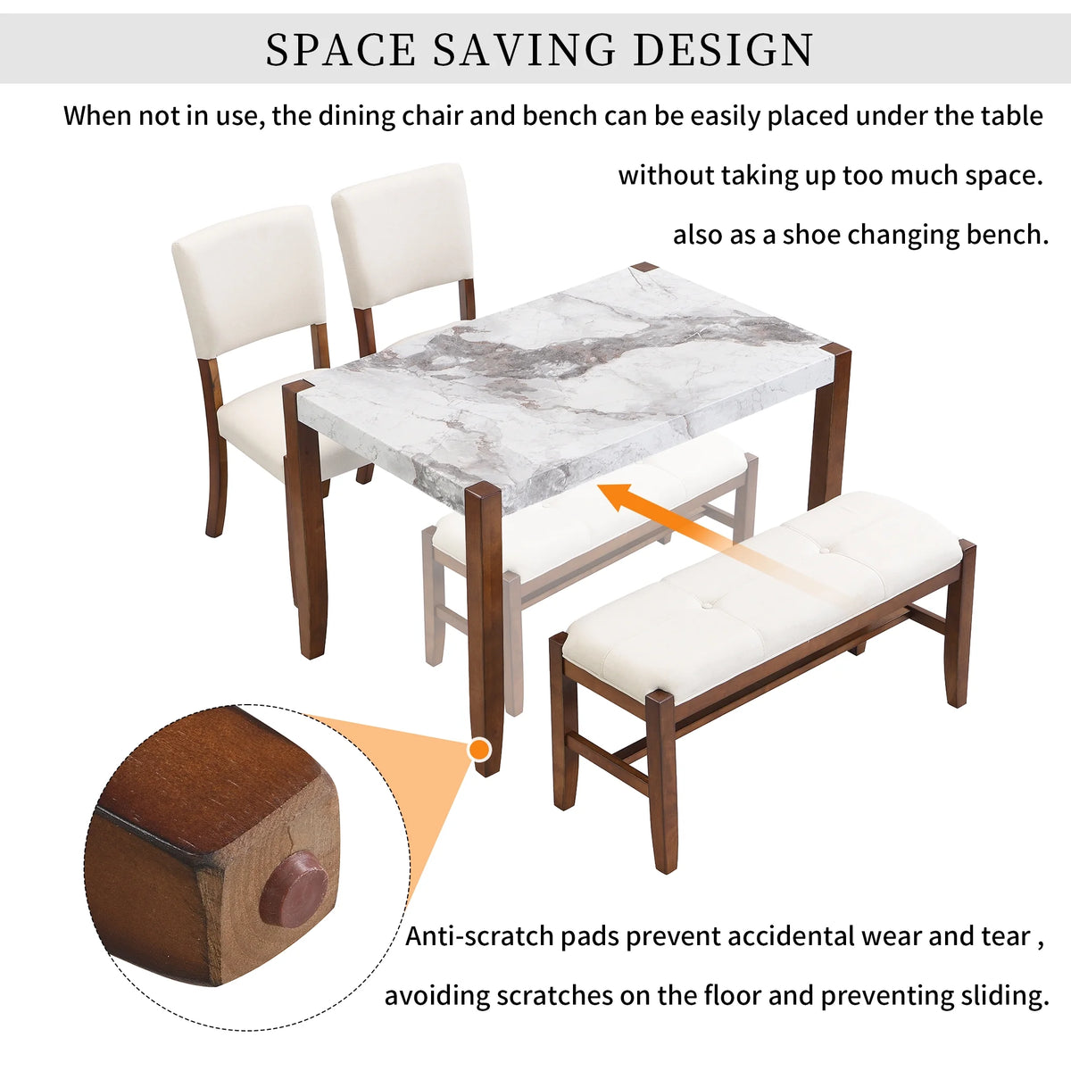 4-Piece Faux Marble Dining Furniture Set with 2 Upholstered Chairs & Bench D727089