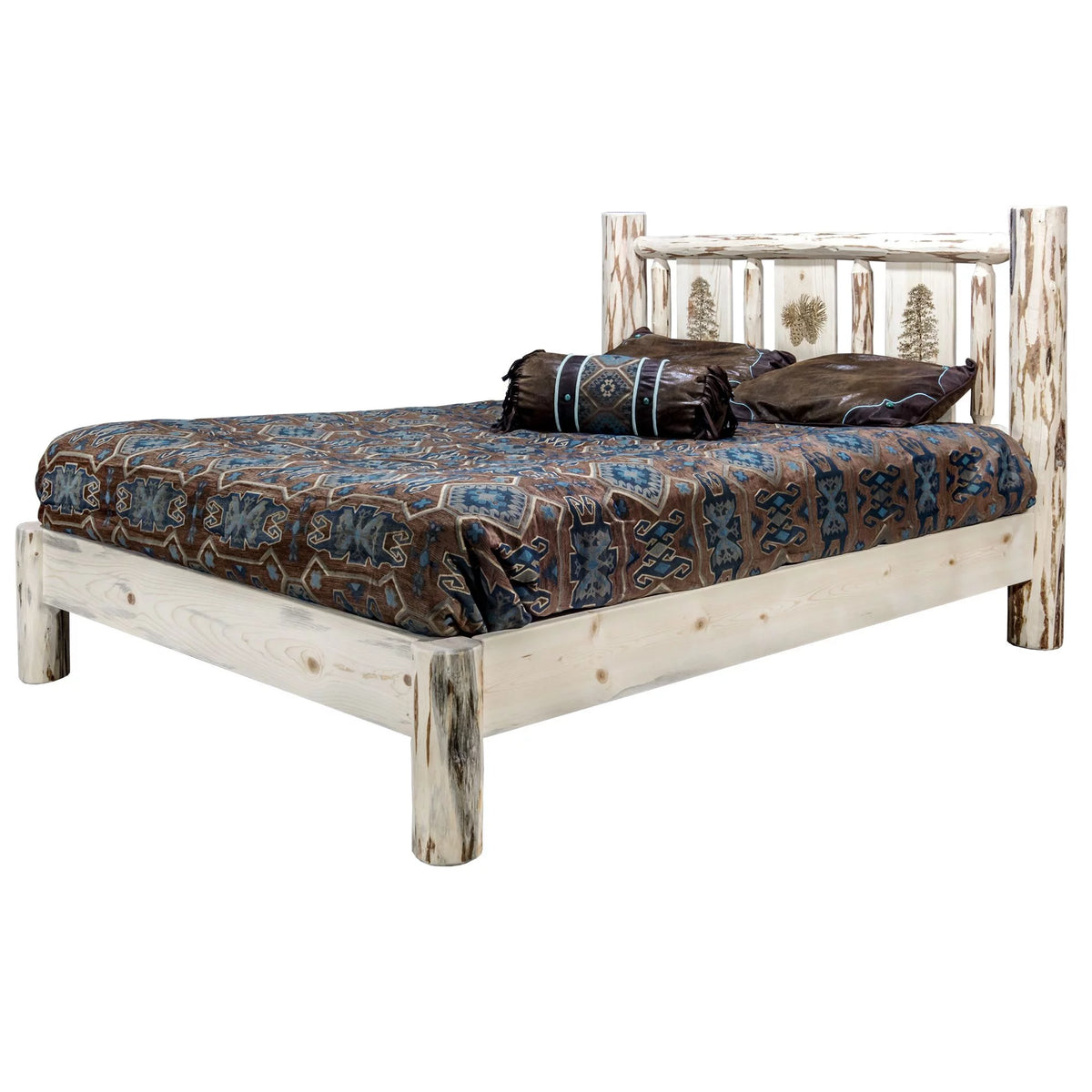 Full Platform Bed with Laser Engraved Pine Tree Design V288844