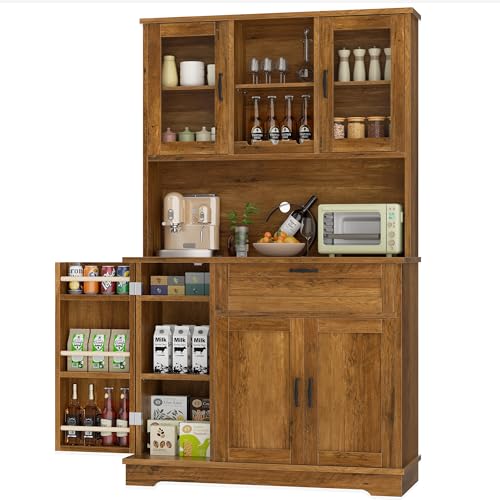 Brown Freestanding Kitchen Pantry Storage Cabinet with Microwave Stand, 4 Door Shelves, Adjustable Shelves and Wine Rack R524316