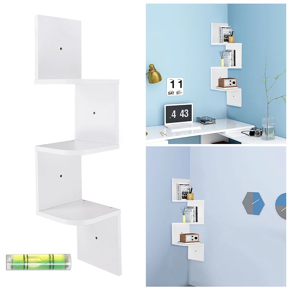White 3 Tiers Zig Zag Floating Wall Mount Corner Shelf P140085