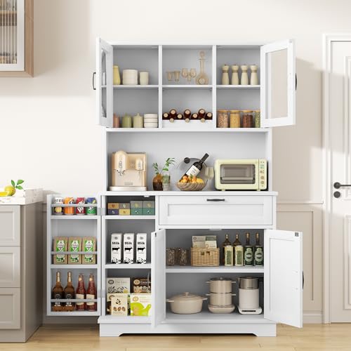 Brown Freestanding Kitchen Pantry Storage Cabinet with Microwave Stand, 4 Door Shelves, Adjustable Shelves and Wine Rack R524316