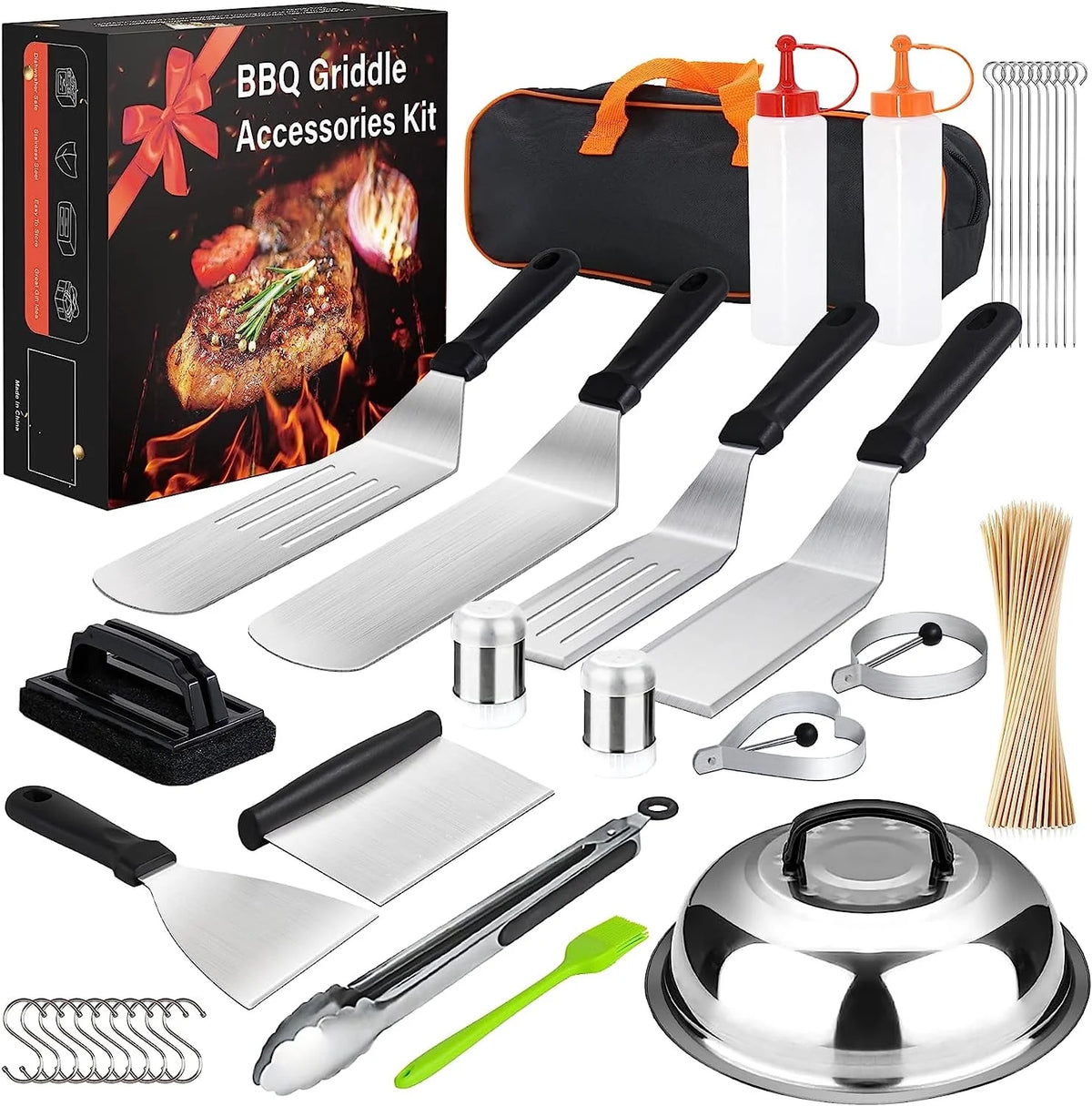 137 Flat Top Grill Accessories Kit with Spatula, Basting Cover, Scraper, Bottle, Tongs, Egg Rings & Carry Bag I63591