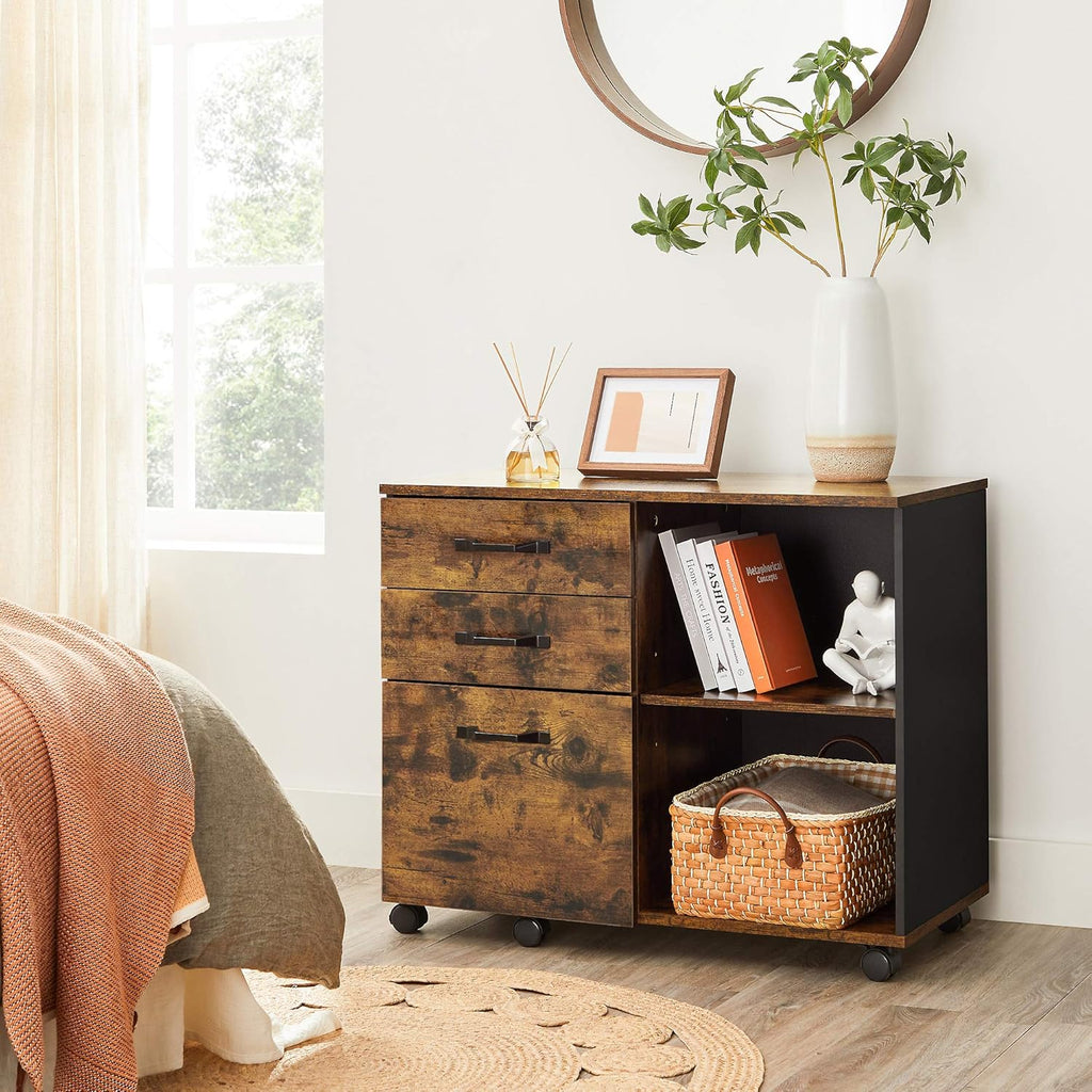 Industrial 3-Drawer Mobile Lateral Filing Cabinet, Rustic Brown and Black R94048