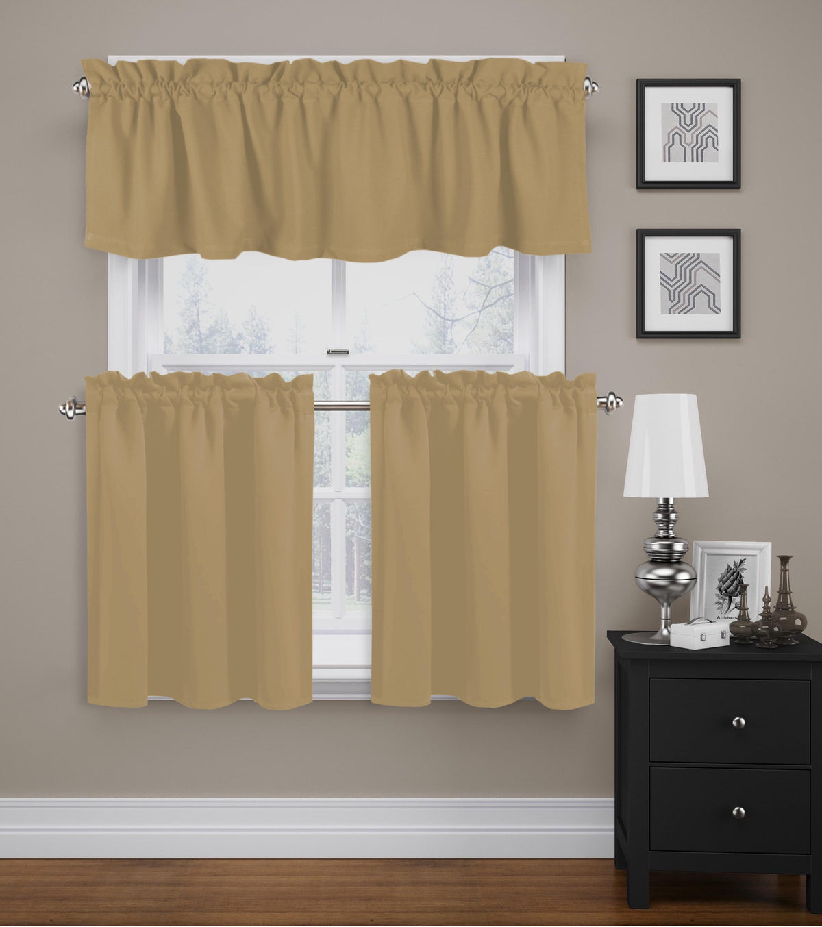 Beige 100% Cotton Kitchen Window Curtain Tiers Valance Set 3 Piece U176