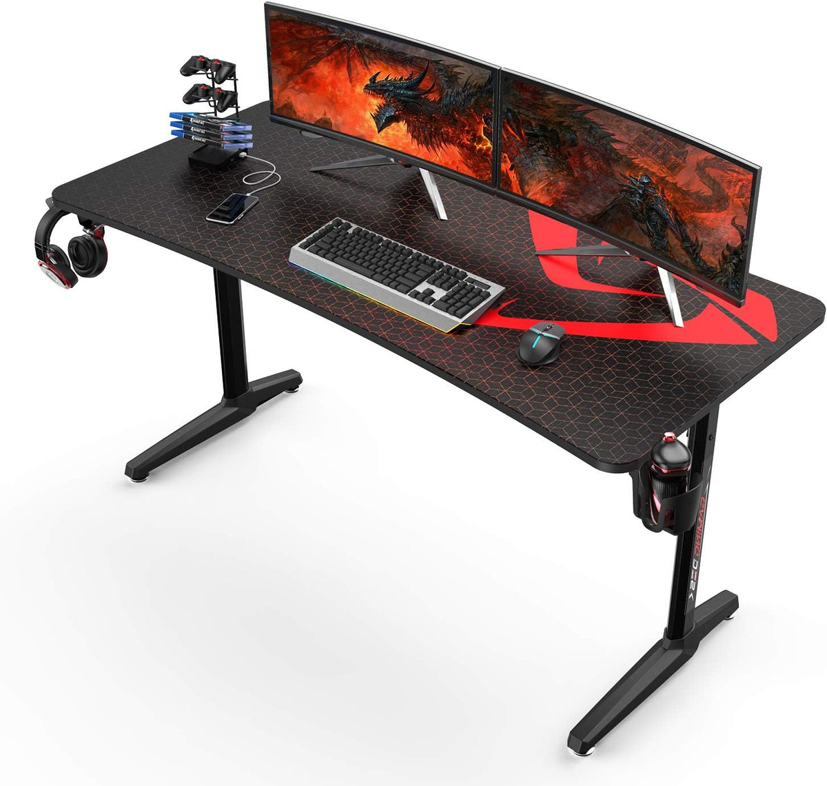 Carbon Fiber Black 60 inch Gaming Desk with Cup Holder Headphone Hook Y829253