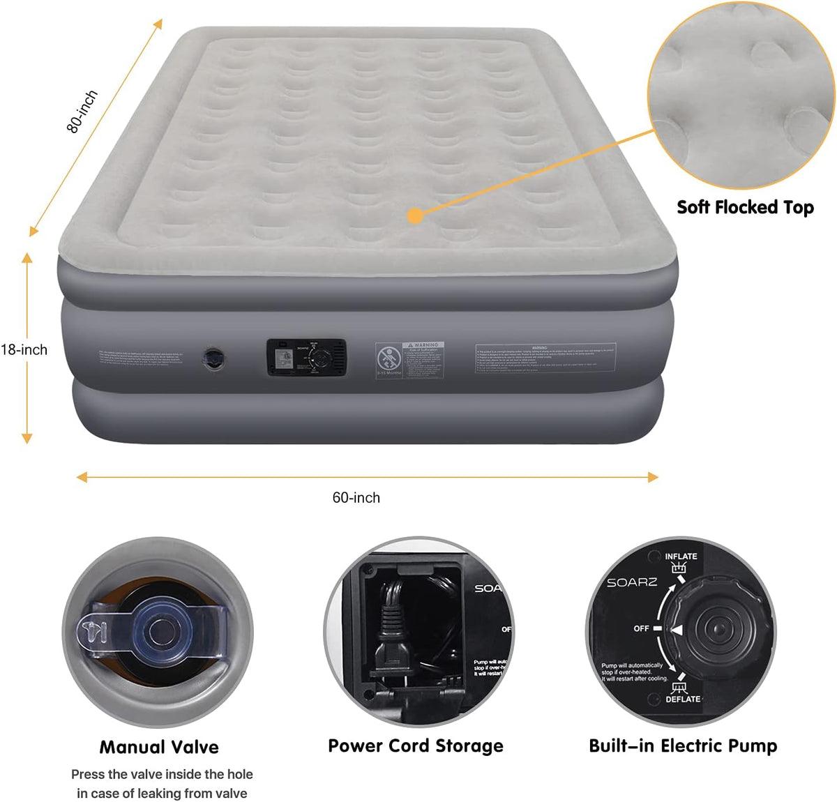 Queen Air Mattress with Built-in Pump, Flocked Top Airbed Q1729