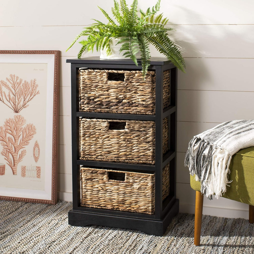 Distressed Black 3 Wicker Basket Storage Side Table N396