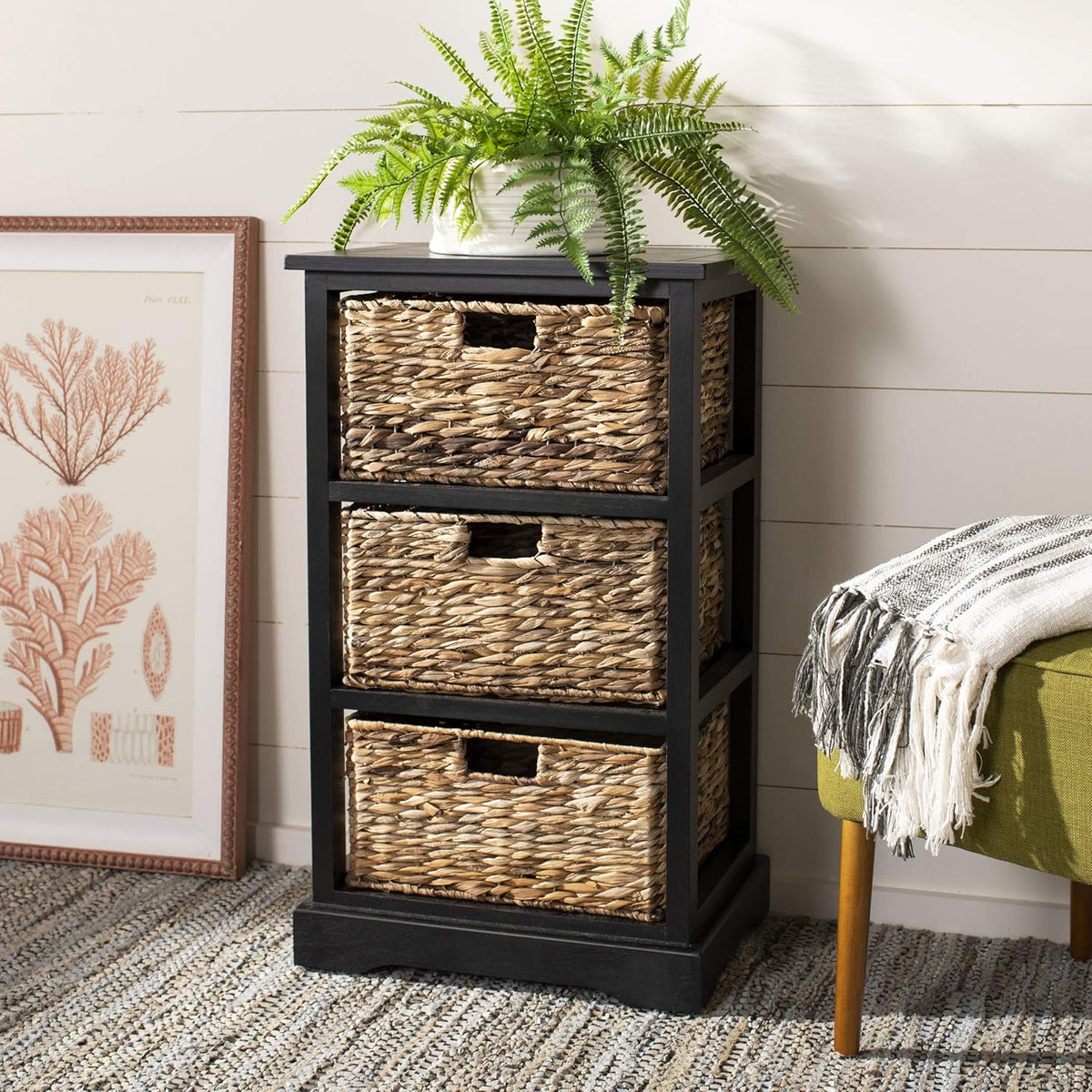 Distressed Black 3 Wicker Basket Storage Side Table N396