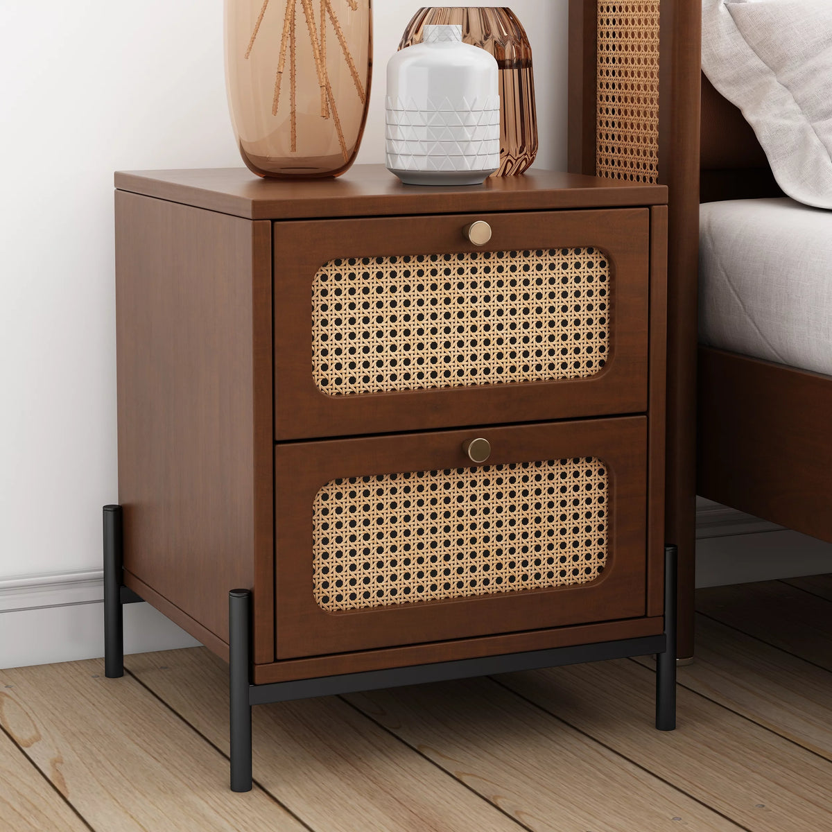 Walnut 2-Drawer Rattan Wood Side Table U788