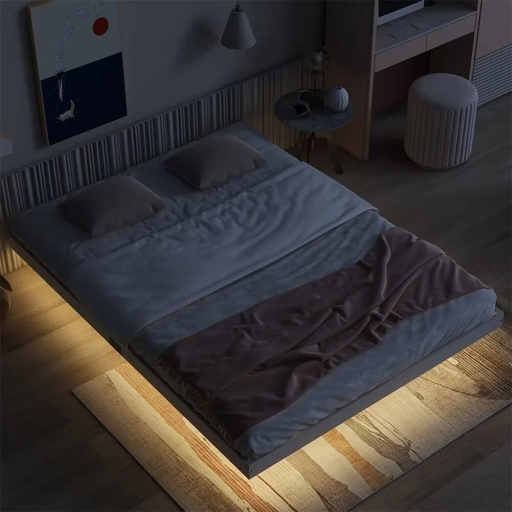 White Full Size Floating Platform Bed Frame with LED Lights D526
