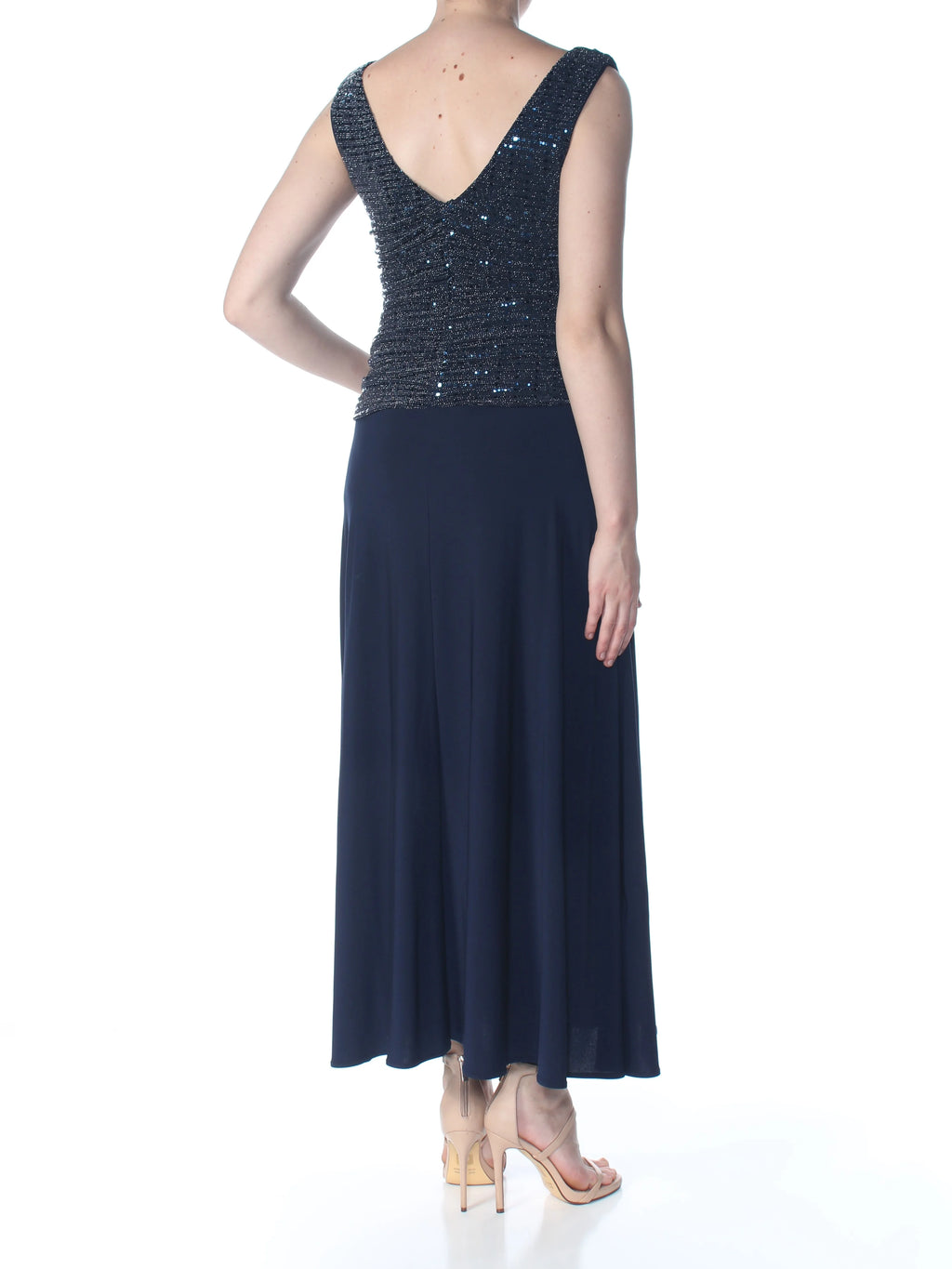 Navy Sequined V-Back Blouson Dress 10 Petites J29891