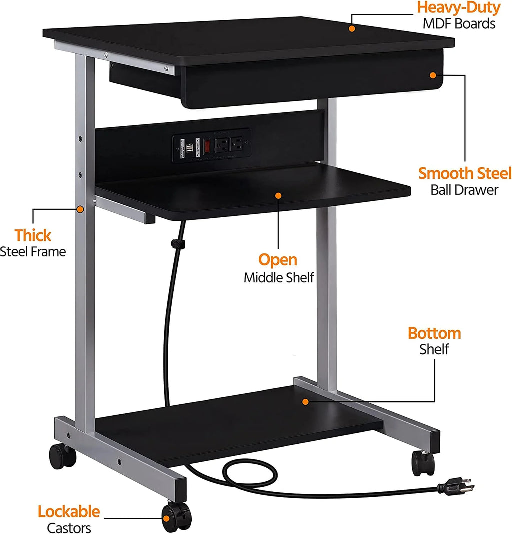 Black Compact Laptop Desk On Wheels With Power Outlet And USB Ports I66876