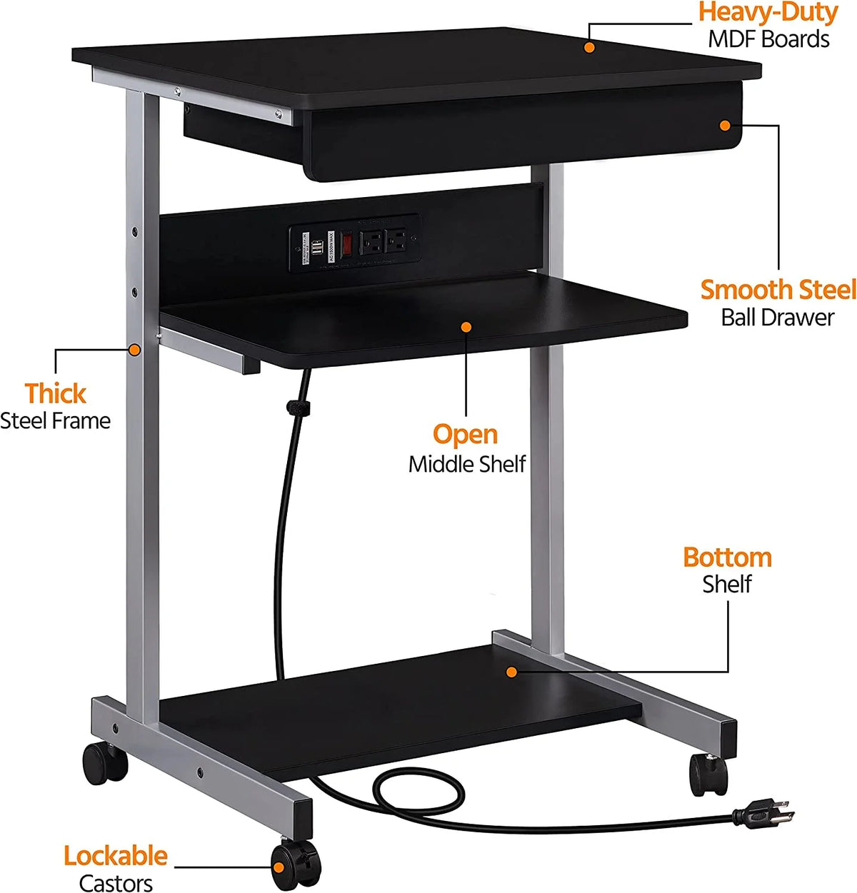 Black Compact Laptop Desk On Wheels With Power Outlet And USB Ports I66876
