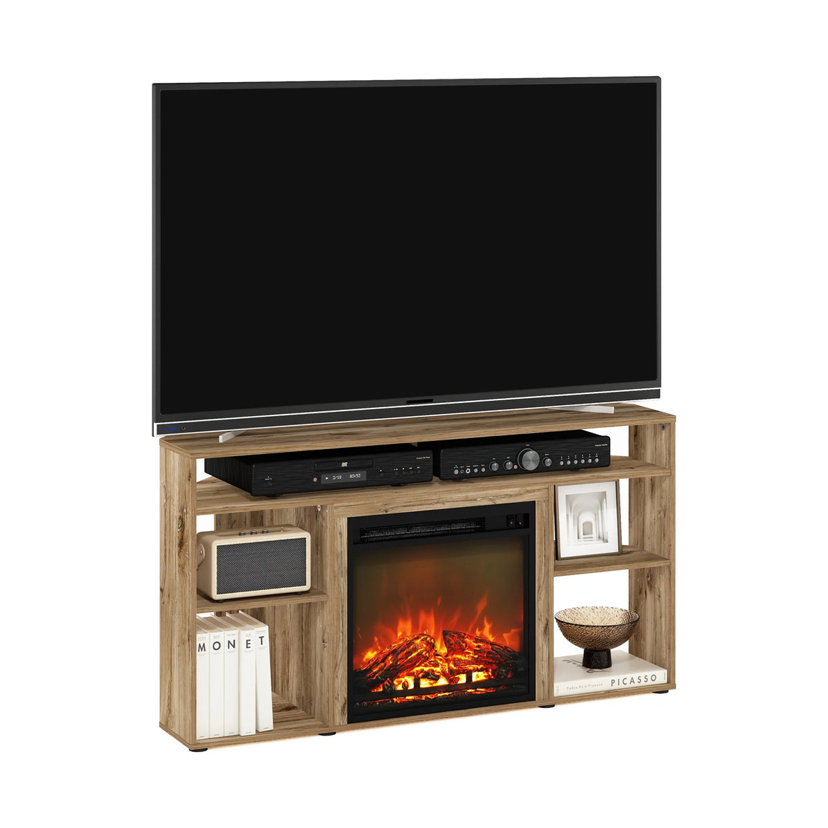 Corner TV Stand with Fireplace, Flagstaff Oak H45294