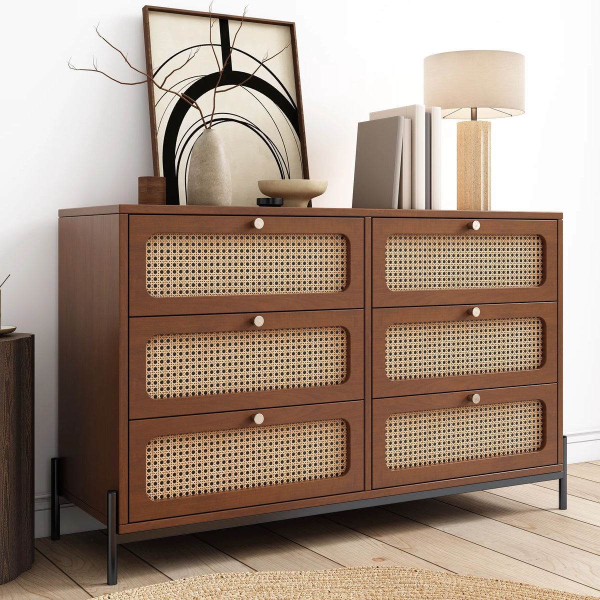 Walnut 2-Drawer Rattan Wood Side Table U788